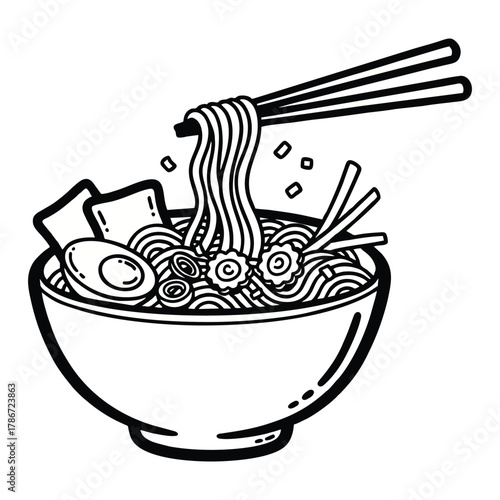 Delicious ramen bowl with noodles held by chopsticks, a tempting Japanese meal art