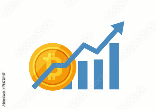 Bitcoin coin with an upward trending arrow and bar graph, illustrating growth and financial success.