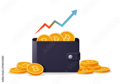 Wallet overflowing with Bitcoin coins, with a rising graph line indicating increasing value and financial growth.