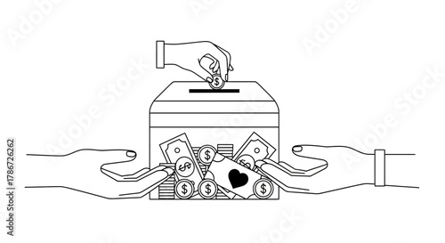 Hands donating money into a charity box with coins and bills.
