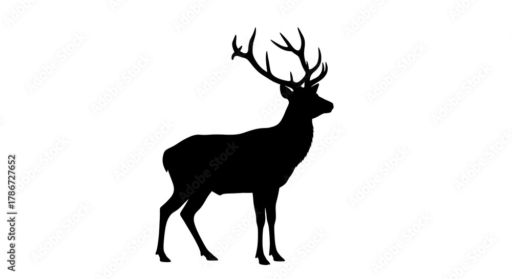 Obraz premium Majestic black silhouette of a stag with antlers isolated on white background