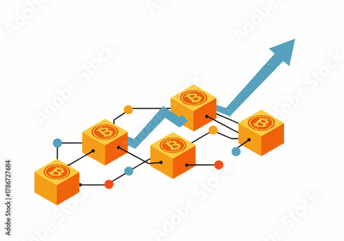 Isometric vector illustration depicting a blockchain network with interconnected gold blocks and a rising blue arrow, symbolizing growth and financial success.