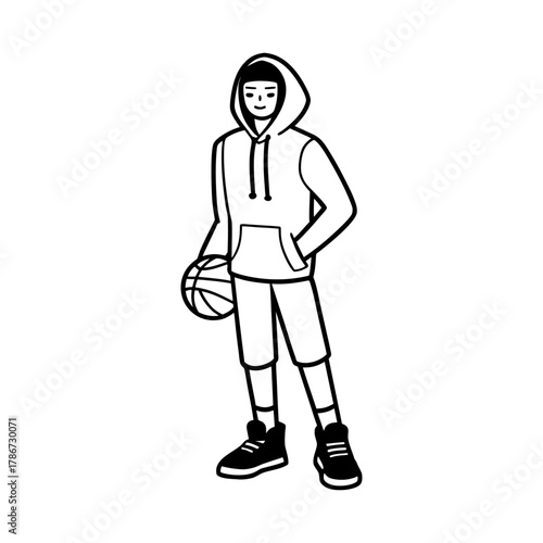 Streetwear Basketball Style Line Art With Player In Hoodie And Sneakers
