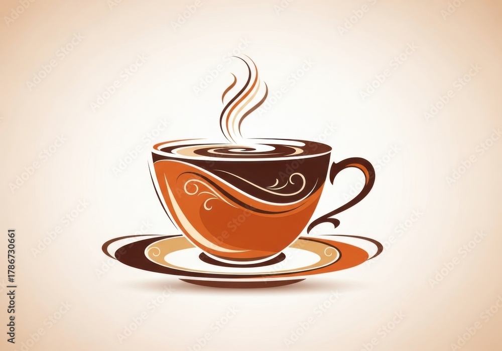 Obraz premium Steaming cup of coffee with decorative swirls on a saucer. A cup of coffee with steam isolated on white background