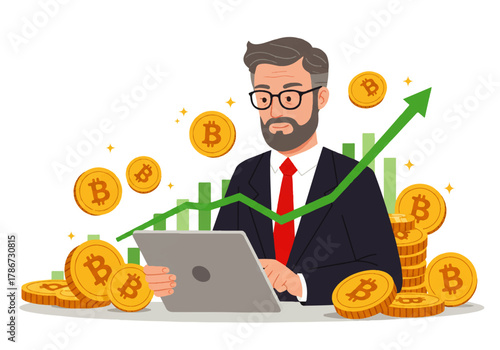 Businessman with laptop surrounded by Bitcoin coins and a rising graph, representing financial growth and investment in cryptocurrency.