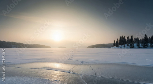 A vast frozen lake covered in snow and cracked ice reflects the soft glow of a low winter sun near a pine forest.