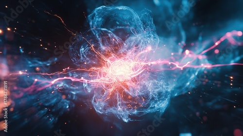 A vibrant, dynamic explosion of energy and light, resembling a nebula or a powerful electrical discharge, with streaks of blue, red, and orange illuminating a dark background.