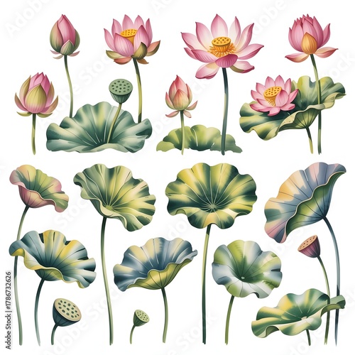 Collection of lotus flowers and leaves in various stages of bloom, rendered in a realistic watercolor style, isolated on a white background