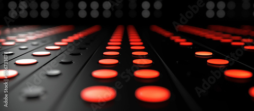 Glowing red buttons on a dark panel with blurred lights in background