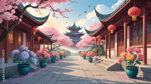 Traditional chinese courtyard with blooming cherry blossom trees and a pagoda in the background during springtime