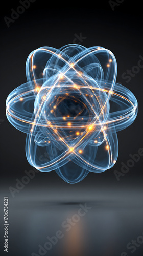 A 3D electron orbit model hovers above a surface, with glowing orbital paths and particle representation, illustrating atomic structure and quantum physics concepts.
