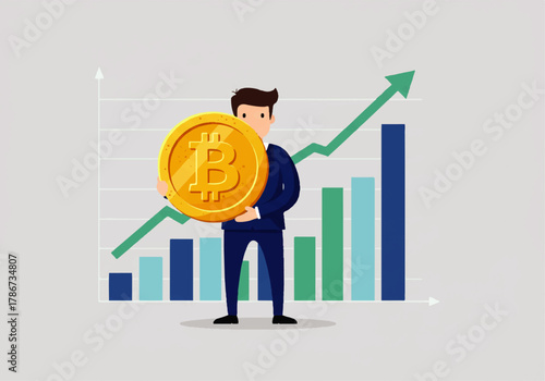 Businessman holding a large Bitcoin in front of a rising bar graph and upward trending arrow, symbolizing cryptocurrency growth.