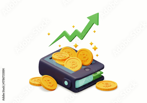Wallet overflowing with gold coins, accompanied by a rising green arrow, symbolizing financial growth and investment success.