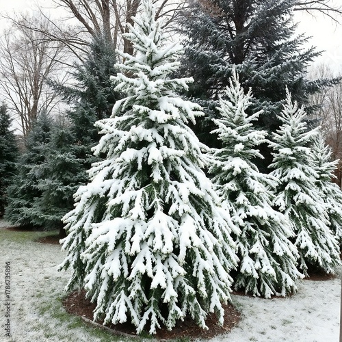 Snow-covered evergreen trees in winter landscape, perfect for holiday and seasonal imagery