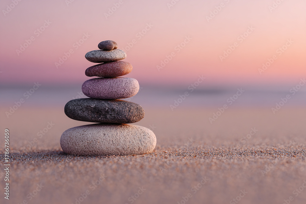 Fototapeta premium Minimal Stone Stack Balanced on Smooth Sand with Soft Coastal Horizon – ideal for posters