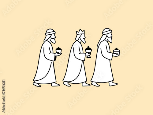 Three Wise Men Walking Line Art Vector Illustration. Epiphany and Christmas Magi.