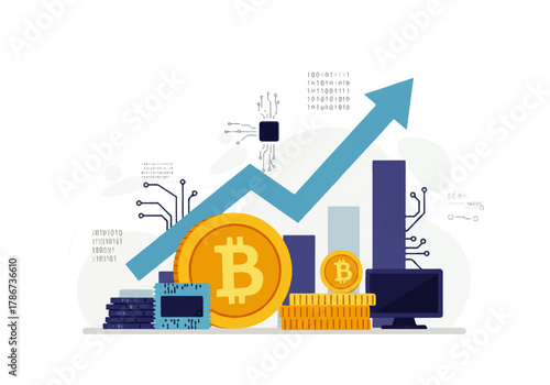 Illustration depicting Bitcoin cryptocurrency growth with an upward trending arrow, coins, bars, computer, and circuit board elements.
