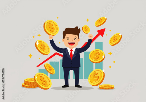 An excited businessman in a suit celebrates financial success with rising graph and falling gold coins.