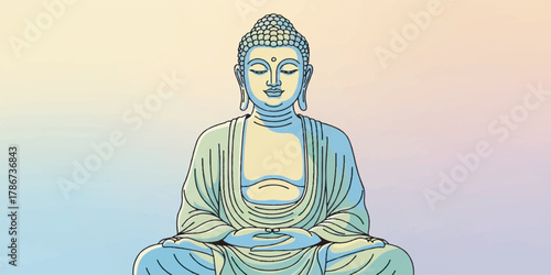 A serene Buddha illustration featuring clean outlines, solid pastel tones, and a calm gradient background