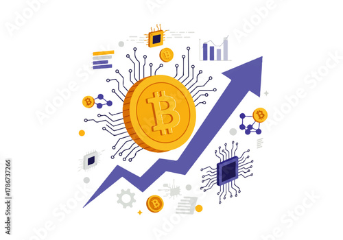 A golden Bitcoin coin with circuit lines and an upward trending arrow, representing growth and technology in finance.