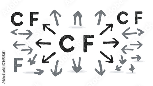 Abstract illustration of dynamic flow and directional forces with arrows and textual elements for strategy concepts