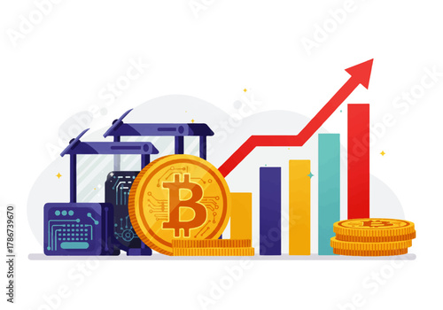 Bitcoin mining equipment with a large coin and a rising graph, illustrating cryptocurrency growth and investment.