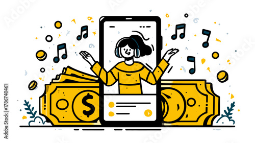 Online Music Earning & Streaming Monetization. Young woman listens on smartphone surrounded by money, coins, and musical notes.