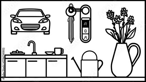 Outline vector icons of home essentials and daily life items: car, keys, kitchen sink, watering can, and flowers.