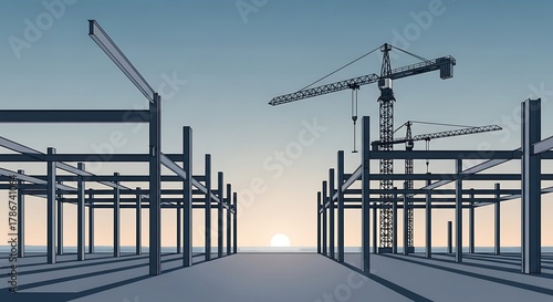 Steel framework rising with cranes in a construction site illustration