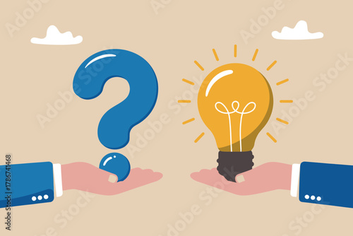 Brainstorming ideas and problem solving with a question mark and glowing light bulb concepts