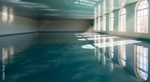 Sunlit reflections create serene atmosphere in minimalist architecture