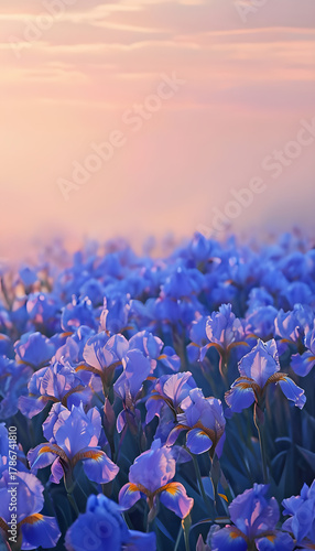 Vibrant Blue Irises Illuminated by Golden Sunset Light in a Serene and Peaceful Garden Setting for Relaxation and Beauty