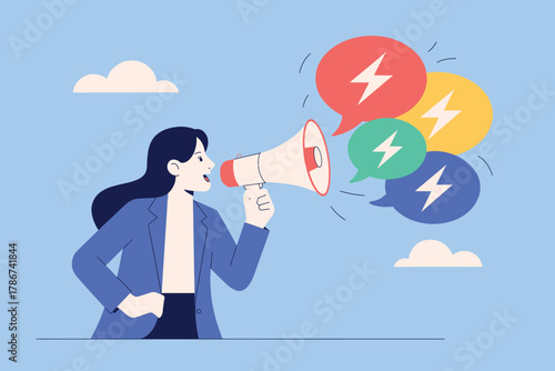 Woman with megaphone announcing important news with colorful speech bubbles featuring lightning bolts and clouds representing ideas and communication