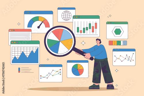 Data analysis and insights a person with a magnifying glass examines charts and graphs on screens for business intelligence and strategy.