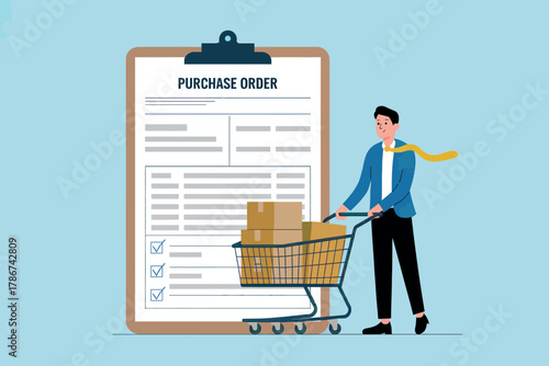 Man with shopping cart standing next to a purchase order document on a clipboard business transaction concept e-commerce shopping logistics