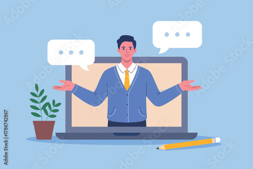 Confused online tutor or speaker gesturing frustration with speech bubbles during virtual presentation or class