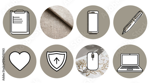 Modern business, technology, and lifestyle icon set with office supplies, security, heart symbol, and natural fabric texture