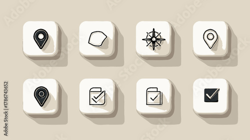 Modern 3D style icon set with location map pins, navigation compass, and checkmarks for UI/UX, app, and website design.