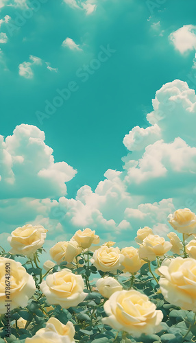 Vibrant Yellow Roses in a Stunning Teal Sky: Beautiful Contrast of Nature's Colors in this Golden Floral Scene