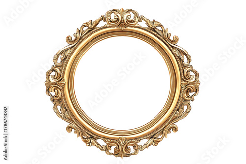 Ornate gold picture frame isolated on transparent background, featuring intricate baroque details and a classic round shape, perfect for showcasing cherished memories or artwork