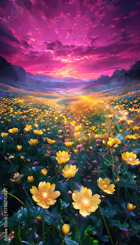 Awe-Inspiring Golden Valley Bathed in the Serenity of a Violet Sunset - Breathtaking Nature Landscape Photography for Wall Art