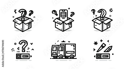 Monoline Icon Set: Mystery, Question, Unboxing, Delivery, Creative Process, Problem Solving, and Progress Concepts