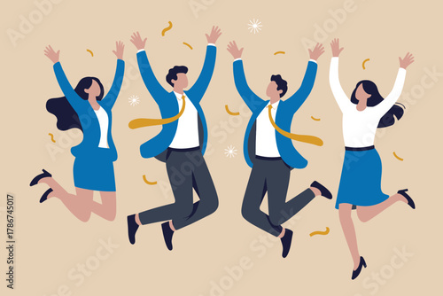 Joyful business team celebrating success jumping high in air with confetti office achievement and teamwork spirit