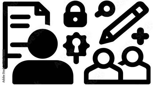 User Account Management, Data Security, and Digital Administration Icons Set. Online Profile, Privacy, and Business Concepts.