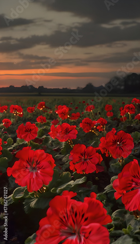 Vibrant Scarlet Geraniums Basking in the Glow of a Fading Sunlight: A Captivating Garden Scene for Nature Lovers