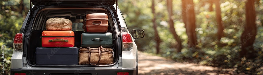 © pingpao - A car trunk filled with colorful luggage, set against a serene forest backdrop, suggesting adventure and travel. © pingpao - A car trunk filled with colorful luggage, set against a serene forest backdrop, suggesting adventure and travel.