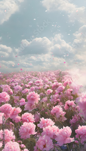 Serene Landscape: Delicate Soft Pink Blossoms Blooming Under Fluffy Clouds in a Peaceful Nature Scene