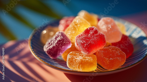 Gummy Candy Temptation: A close-up shot of a colorful assortment of gummy candies, artfully arranged on a patterned plate, offering a vibrant and inviting treat.