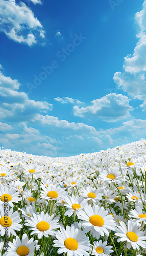 Beautiful White Daisies Blooming Under Radiant Blue Sky in Serene Garden - Natural Floral Photography Art Print