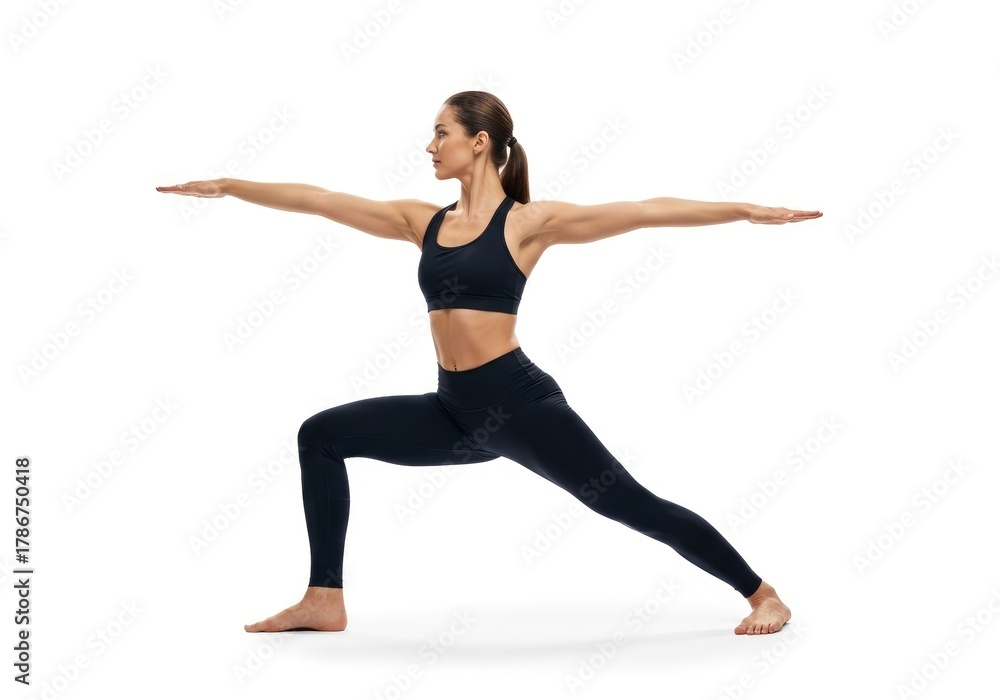 Fototapeta premium A fit woman in dark athletic wear performs a yoga warrior pose extending her arms horizontally with a focused expression on a plain white background